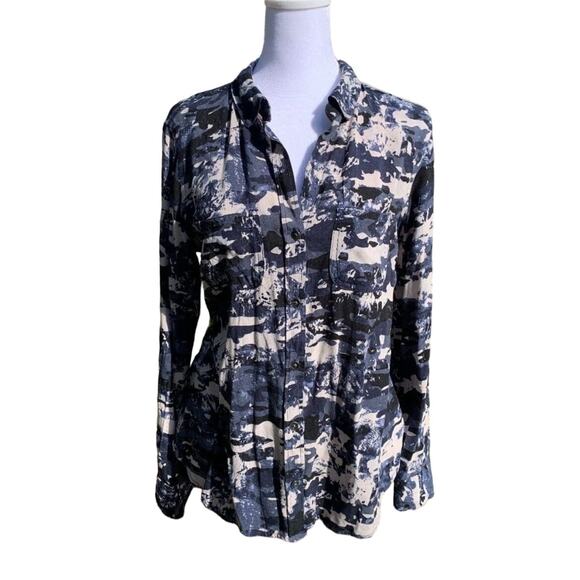 Rock & Republic Tops - Rock & Republic Blue Camo Long Sleeve Button Up Front Pocket Blouse Size XS